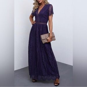 Women's Deep Purple Lace V-Neck Maxi Dress